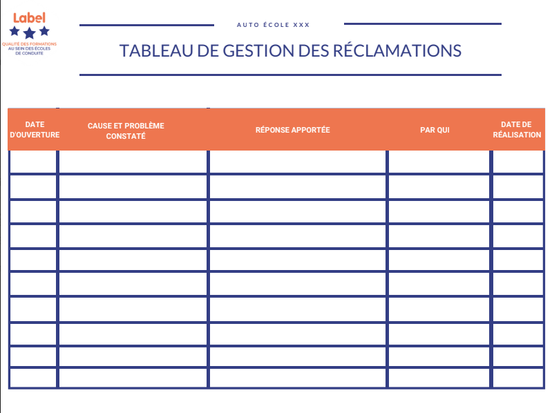 tableau de gestion des reclamations